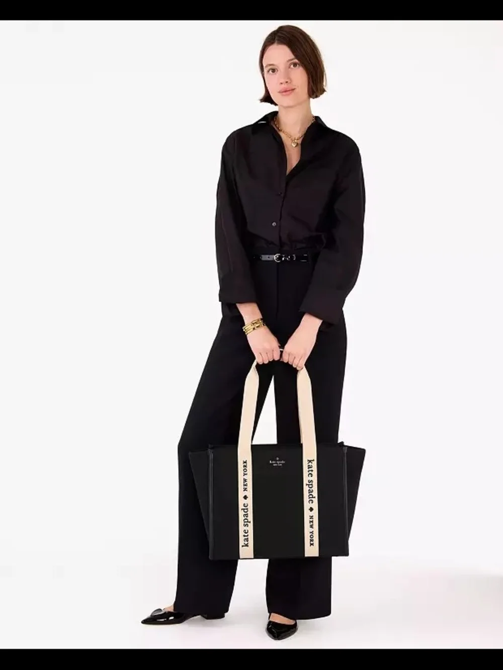 kate spade Black Canvas Tote with Cream Logo Straps